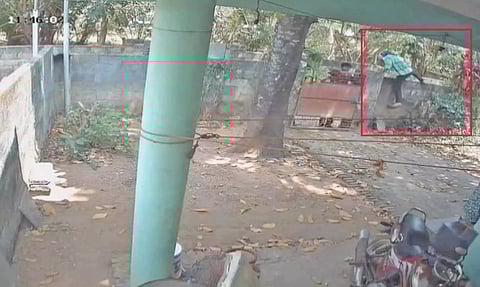 காம்பவுண்டு சுவர் ஏறி குதித்து செல்லும் மின்வாரிய ஊழியர்.