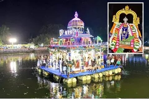 நம்மாழ்வார் தெப்பத்திருவிழா நடந்த காட்சி. (உள்படம்: அலங்காரத்தில் நம்மாழ்வார்.