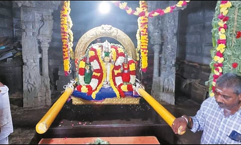 முருகப்பெருமான் ஊஞ்சலில் எழுந்தருளி பக்தர்களுக்கு அருள்பாலித்த காட்சி.