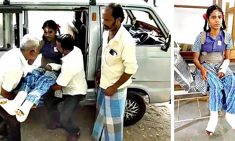 கை, கால்கள் முறிந்த நிலையில் தேர்வெழுத வந்த பிளஸ்-2 மாணவி