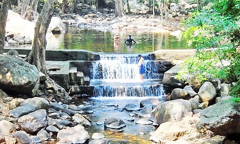 களக்காடு தலையணையில் குறைந்த அளவே செல்லும் தண்ணீர்.