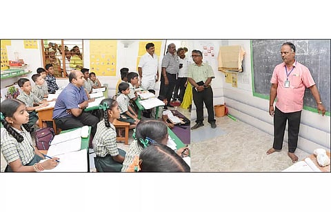 கிருஷ்ணகிரி மாவட்டம், தளி ஊராட்சி ஒன்றியம் கலுகொண்டப்பள்ளி ஊராட்சி ஒன்றிய துவக்கப்பள்ளியில் 5-ம் வகுப்பு மாணவர்களிடையே கற்றல் திறன் குறித்து மாவட்ட கலெக்டர் தீபக் ஜேக்கப் நேரில் பார்வையிட்டு ஆய்வு மேற்கொண்டார்.