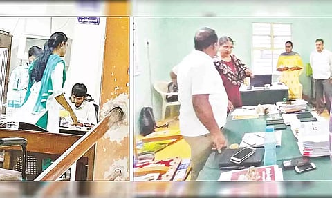 திருப்பூர் நெருப்பெரிச்சல் பத்திரப்பதிவுத்துறை அலுவலகம், வடக்கு வட்டார போக்குவரத்து அலுவலகத்தில் லஞ்ச ஒழிப்புத்துறை போலீசார் சோதனை நடத்திய போது எடுத்த படம்.