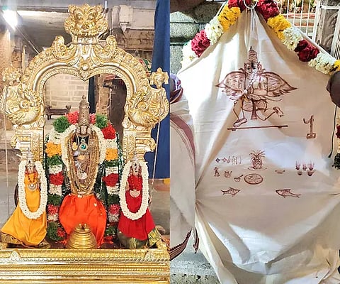 பெருங்குளம் மாயக்கூத்த பெருமாள் கோவிலில் கொடியேற்றம் நடந்த காட்சி.