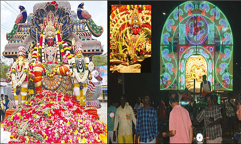 அலங்கரிக்கப்பட்ட ரதங்களில் பூக்கள் எடுத்து செல்லப்பட்டபோது எடுத்த படம்.