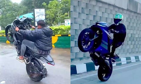 பைக் சாகசம் செய்து பாதசாரிகளை பதற வைக்கும் இளைஞர்கள்- நடவடிக்கை எடுப்பார்களா?