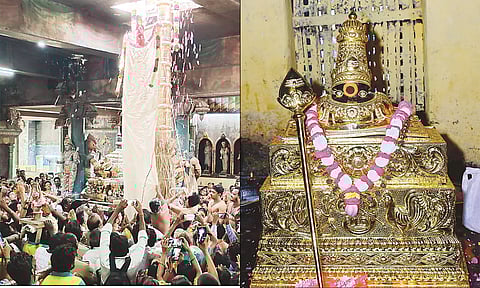 தங்க காப்பு அலங்காரத்தில் கொளஞ்சியப்பர்.கொடியேற்றம் நடைபெற்றபோது எடுத்த படம்.