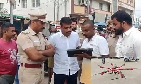 மாநகர போலீசார் அதிநவீன தொழில் நுட்பங்களுடன் கூடிய ட்ரோன் கேமரா மூலம் கண்காணிக்கும் காட்சி.