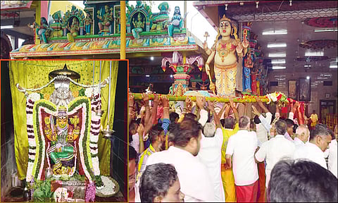 சந்தனக்காப்பு அலங்காரத்தில் மூலவர் கெங்கையம்மன். பக்தர்கள் பால் கம்பத்தை கோவில் வளாகத்தில் எடுத்துச் செல்லும் காட்சி.