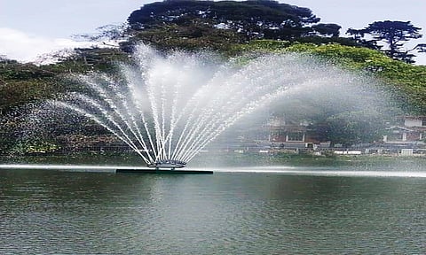 கொடைக்கானல் நட்சத்திர ஏரியில் அமைக்கப்பட்டுள்ள செயற்கை நீரூற்று.