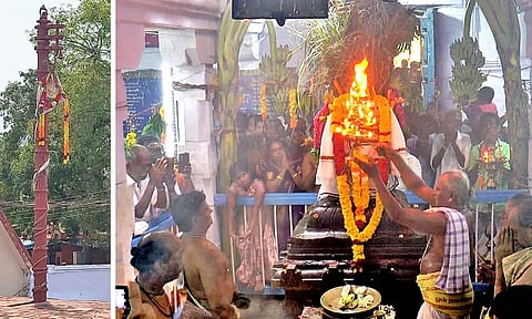 பங்குனி உத்திர திருவிழா கொடியேற்றம் நடைபெற்றதையும், கொடிமரத்திற்கு தீபாராதனை காட்டப்பட்டதையும் படத்தில் காணலாம்.