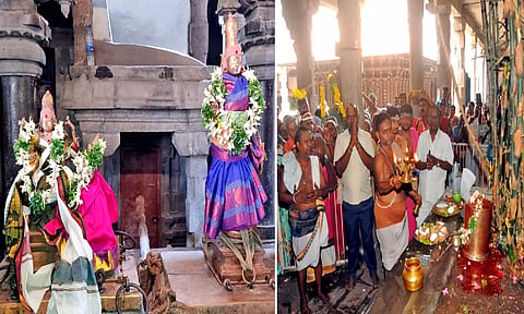 நெல்லையப்பர் கோவிலில் இன்று சுவாமி தோன்றிய திருவிளையாடல் நிகழ்ச்சி நடைபெற்றதையும், தீபாராதனை காட்டப்பட்டதையும் படத்தில் காணலாம்.