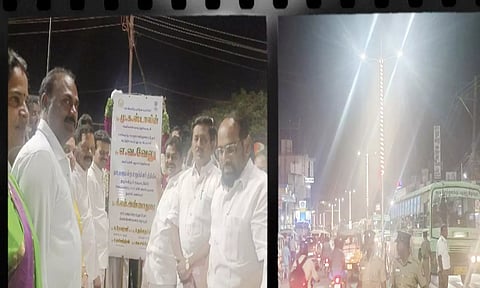 திருப்பத்தூரில் 4 வழி நெடுஞ்சாலையில் ரூ 50 லட்சத்தில் அமைக்கப்பட்ட மின்விளக்குகளை சி.என்.அண்ணாதுரை எம்.பி., எம்.எல்.ஏ.க்கள் நல்லதம்பி, தேவராஜ் தொடங்கி வைத்த போது எடுத்த படம். அருகில் ஆவின் சேர்மன் எஸ். ராஜேந்திரன் உள்ளார்.