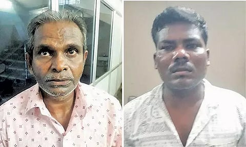 கைதான சக்திவேல், அருள்துரை ஆகியோரை படத்தில் காணலாம்.