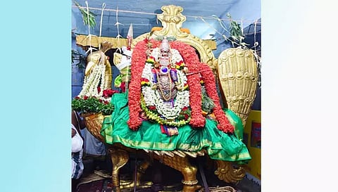தெய்வானையுடன் தங்கமயில் வாகனத்தில் எழுந்தருளிய சுப்பிரமணியர்.