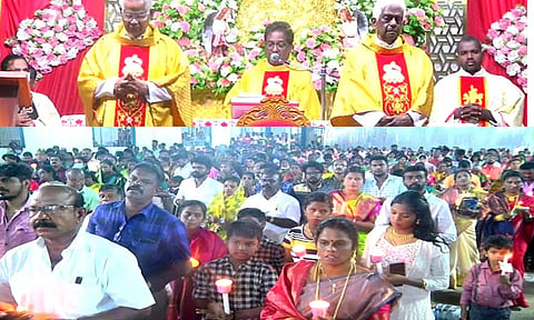 தூத்துக்குடி பனிமய மாதா பேராலயத்தில் கிறிஸ்தவ மக்கள் சிறப்பு பிரார்த்தனையில் ஈடுபட்ட காட்சி.