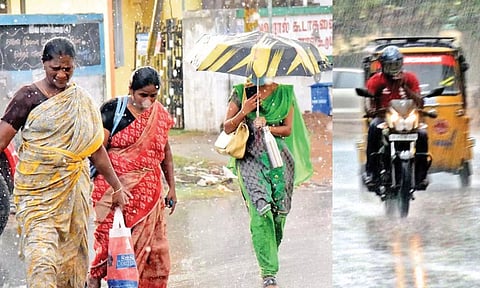 வண்ணார்பேட்டையில் பெய்த மழையில் நனைந்தபடி சென்றவர்கள்.