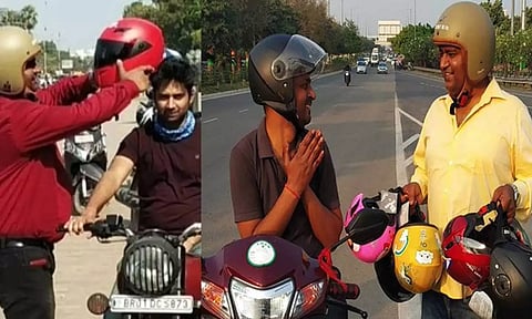 56 ஆயிரம் பேருக்கு ஹெல்மெட்டுகளை இலவசமாக வழங்கிய 'ஹெல்மெட் மனிதர்'- இதுவரை ரூ.2 கோடி செலவு செய்துள்ளார்