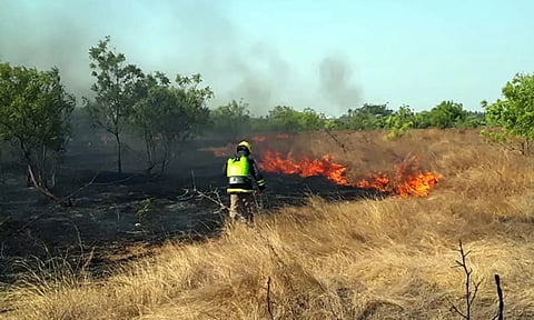உலகபுரம் பகுதியில் பிடித்த தீயை தீயணைப்பு வீரர் அணைத்த காட்சி.