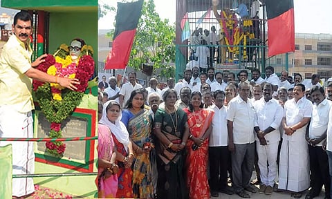 சந்திப்பு, டவுனில் உள்ள அம்பேத்கர் சிலைகளுக்கு தி.மு.க.வினர் மாலை அணிவித்த காட்சி.