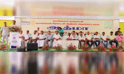 காங்கயத்தில் எரிவாயு தகன மேடையை பொதுமக்களின் பயன்பாட்டிற்கு அர்ப்பணிக்கும் நிகழ்ச்சியில் அமைச்சர் மு.பெ.சாமிநாதன் பேசிய காட்சி. 
