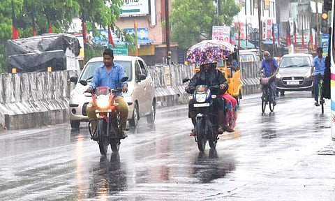 கடலூரில் திடீர் மழை காரணமாக குடை பிடித்து செல்லும் பொதுமக்களை படத்தில் காணலாம்,