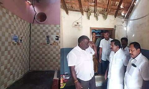 சுவரில் விரிசல் ஏற்பட்டுள்ள வீடுகளை விஜயகுமார் எம்.எல்.ஏ, நேரடியாக ஆய்வு செய்த காட்சி.