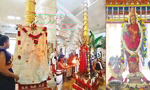 கொடிமரத்தில் கொடியேற்றப்பட்டதையும், சிறப்பு அலங்காரத்தில் மங்களநாயகி வீற்றிருந்த காட்சியையும் படத்தில் காணலாம்.