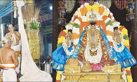 கொடியேற்றம் நடைபெற்ற போது எடுத்த படம். ஸ்ரீதேவி பூதேவியுடன் தேவநாதசுவாமி சிறப்பு அலங்காரத்தில் பக்தர்களுக்கு அருள்பாலித்த காட்சி.