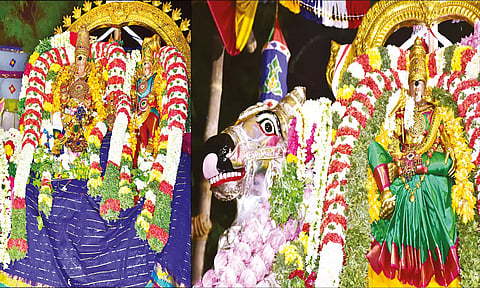 தங்க ரிஷப வாகனத்தில் சுந்தரேஸ்வரர்-பிரியாவிடையுடனும், வெள்ளி ரிஷப வாகனத்தில் மீனாட்சி அம்மனும் பக்தர்களுக்கு அருள்பாலித்த காட்சி.