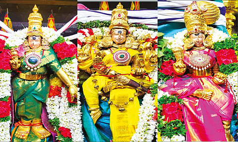 சிறப்பு அலங்காரத்தில் மீனாட்சி அம்மன், சுந்தரேசுவரர், பிரியாவிடை.