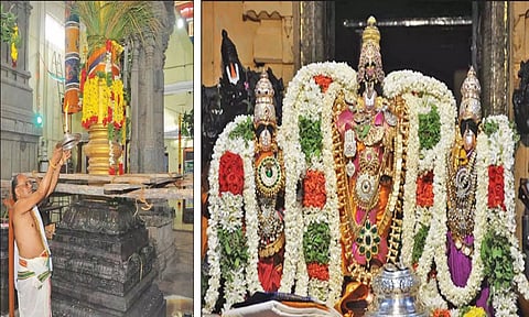 வரதராஜ பெருமாள் கோவிலில் சித்திரை மாத பிரம்மோற்சவ கொடியேற்று விழாவை தொடர்ந்து கொடி மரத்திற்கு தீபாராதனை காட்டப்பட்டதையும், சுவாமிக்கு சிறப்பு அலங்காரம் செய்யப்பட்டிருப்பதையும் படத்தில் காணலாம்.