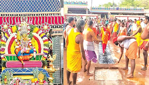 அம்மன் சிறப்பு அலங்காரத்தில் அருள்பாலிப்பதையும், பக்தர்கள் தீ மிதிப்பதையும் படத்தில் காணலாம்.