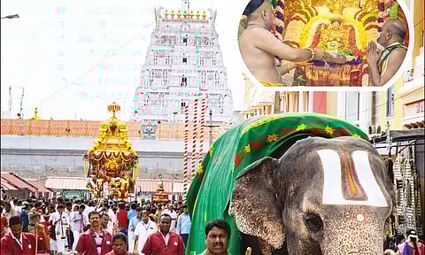 தங்கத்தேரோட்டம் நடந்தபோது எடுத்தபடம். (உள்படம்: தேரில் எழுந்தருளிய உற்சவர் பத்மாவதி தாயாருக்கு அர்ச்சகர் ஆரத்தி காண்பித்த காட்சி.)