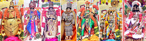 கூர்ம, கிருஷ்ண, மச்ச, முத்தங்கி, ராமர், வாமண, மோகினி அவதாரங்களில் கள்ளழகர் காட்சி அளித்ததை படத்தில் காணலாம்.