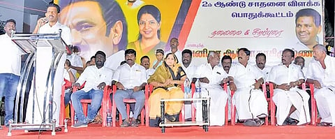 பொதுக்கூட்டத்தில் யூனியன் சேர்மன் பாலசிங் பேசிய காட்சி.