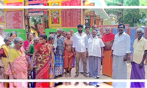 கோவில் உண்டியல் பணத்தை எண்ணுவதற்கு எதிர்ப்பு தெரிவித்தவர்களை படத்தில் காணலாம்.