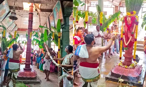பிட்டாபுராத்தி அம்மன் கோவிலில் கொடியேற்றப்பட்டதையும், அதைத்தொடர்ந்து கொடிமரத்திற்கு தீபாராதனை காட்டப்பட்டதை படத்தில் காணலாம்.