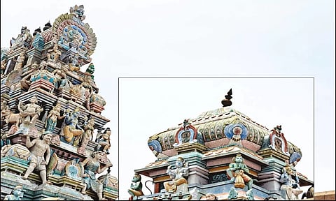 கோவிலின் கோபுரத்தில் உள்ள கலசம் சேதமடைந்து சரிந்த நிலையில் உள்ளதை படத்தில் காணலாம்.