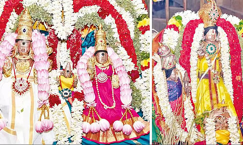 கொடியேற்று விழாவில் சோமாஸ்கந்தர் மற்றும் பெருமாள் சிறப்பு அலங்காரத்தில் பக்தர்களுக்கு அருள்பாலித்த காட்சி.
