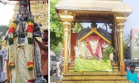 பட்டாபிஷேகத்தில் பங்கேற்பதற்காக விபீஷ்ணர், தங்க கேடயத்தில் ராமர், சீதை, லட்சுமணர் ஆகிேயார் வந்தனர்.