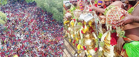 சேவுக பெருமாள் அய்யனார் கோவில் கோபுர கலசத்தில் புனித நீர் ஊற்றி கும்பாபிஷேகம் நடந்ததையும், அங்கு திரண்டிருந்த ஆயிரக்கணக்கான பக்தர்களையும் படத்தில் காணலாம். 