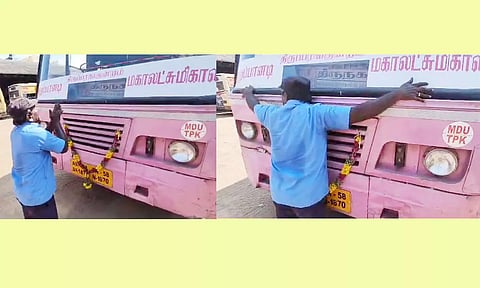 பஸ்சை கும்பிட்டு கட்டியணைத்து பணி ஓய்வு பெற்ற டிரைவர் முத்துப்பாண்டி. 