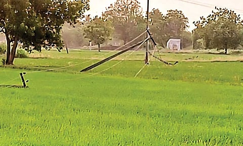 சாய்ந்த நிலையில் உள்ள மின்கம்பங்கள்.