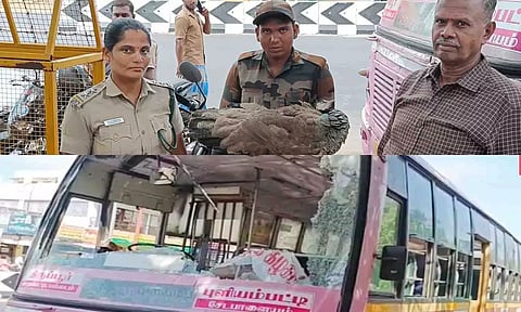 கண்ணாடி உடைந்த அரசு பஸ்ஸையும், பஸ் மீது மோதிய மயிலையும் படத்தில் காணலாம்.