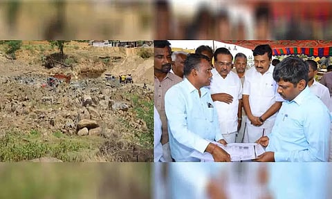 தடுப்பணை அமைக்கப்பட உள்ள பணிகளை தமிழ் வளர்ச்சி மற்றும் செய்தித்துறை அமைச்சர் மு.பெ.சாமிநாதன் பார்வையிட்ட காட்சி.