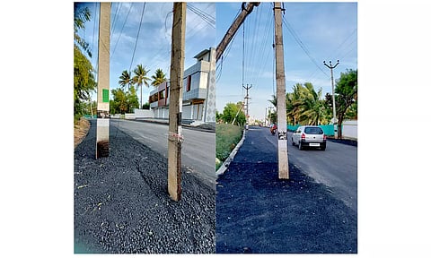 மின்கம்பங்களை அகற்றாமல் தார் சாலை அமைப்பு