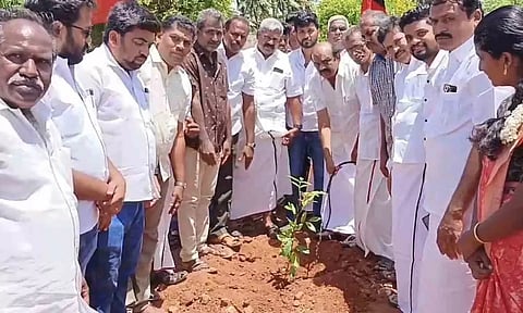 கருணாநிதி பிறந்தநாளையொட்டி மரக்கன்றுகள் நடும்விழா நடைபெற்ற காட்சி. 
