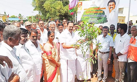 சோளிங்கரில் அமைச்சர் ஆர்.காந்தி, கலெக்டர் வளர்மதி ஆகியோர் மரக்கன்றுகளை நட்டு வைத்த காட்சி.