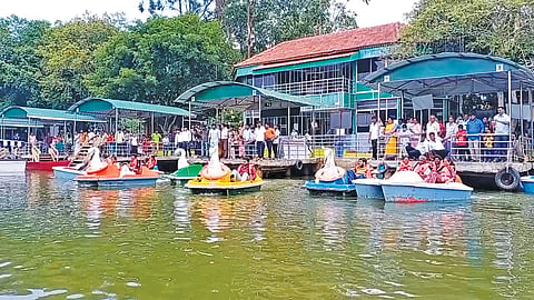படகு சவாரி செய்து மகிழும் சுற்றுலா பயணிகள். 
